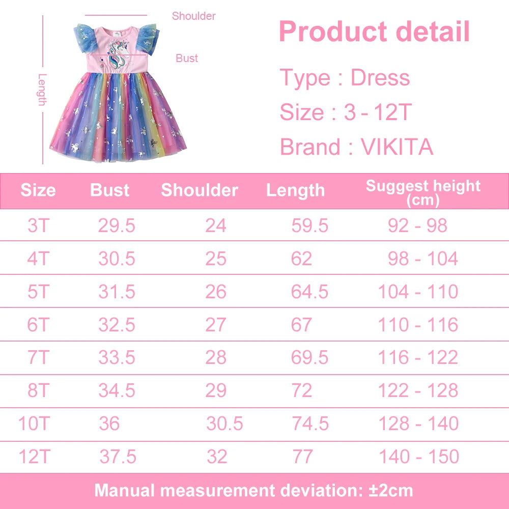 VIKITA Girls Unicorn Cartoon Print Dress Kids Flare Sleeve Summer Dresses Girl Colorful Mesh Tulle Birthday Party Princess Dress