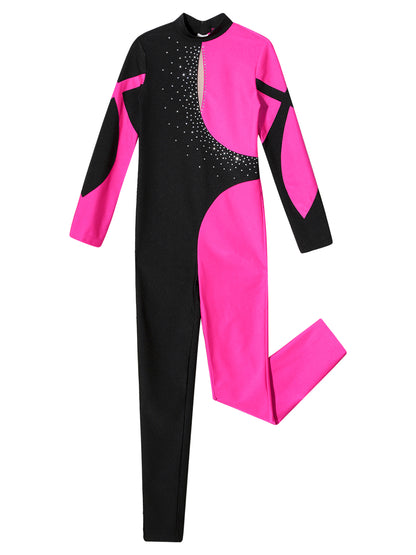 Kids Girls Long Sleeve Shiny Rhinestone Color Block Leotards Dance Gymnastic Jumpsuit for Yoga Unitards Biketards Sports Workout