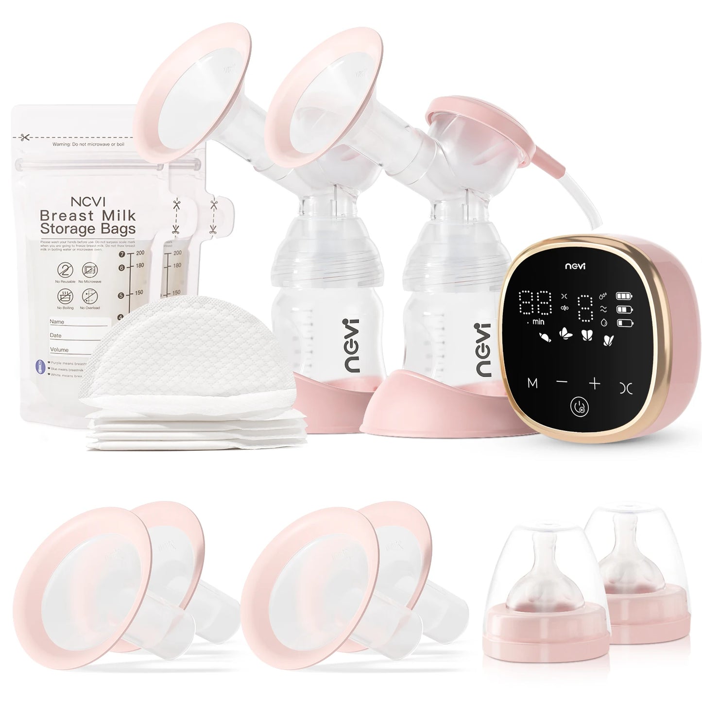 NCVI Double Electric Breast Pumps 4 Modes & 9 Levels with 4 Size Flanges & 10pcs Breastmilk Storage Bags