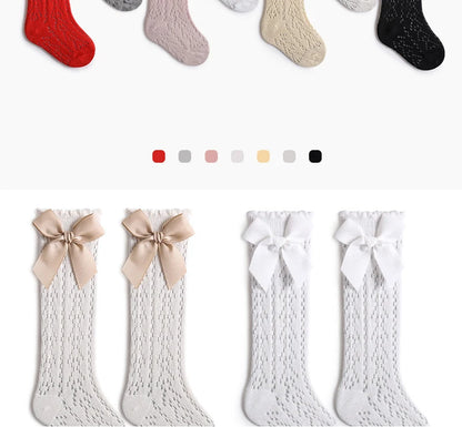 Cute Girls Knee High Socks Bows Cotton Breathable Soft Children Socks Hollow Out Non-slip Newborn Infant Long Mesh Socks 0-3Yrs