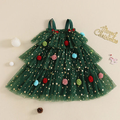 FOCUSNORM 1-6Y Little Girls Christmas Dress Strap Sleeveless Star Print Lace Layered Tulle Sundress with Plush Ball Hat