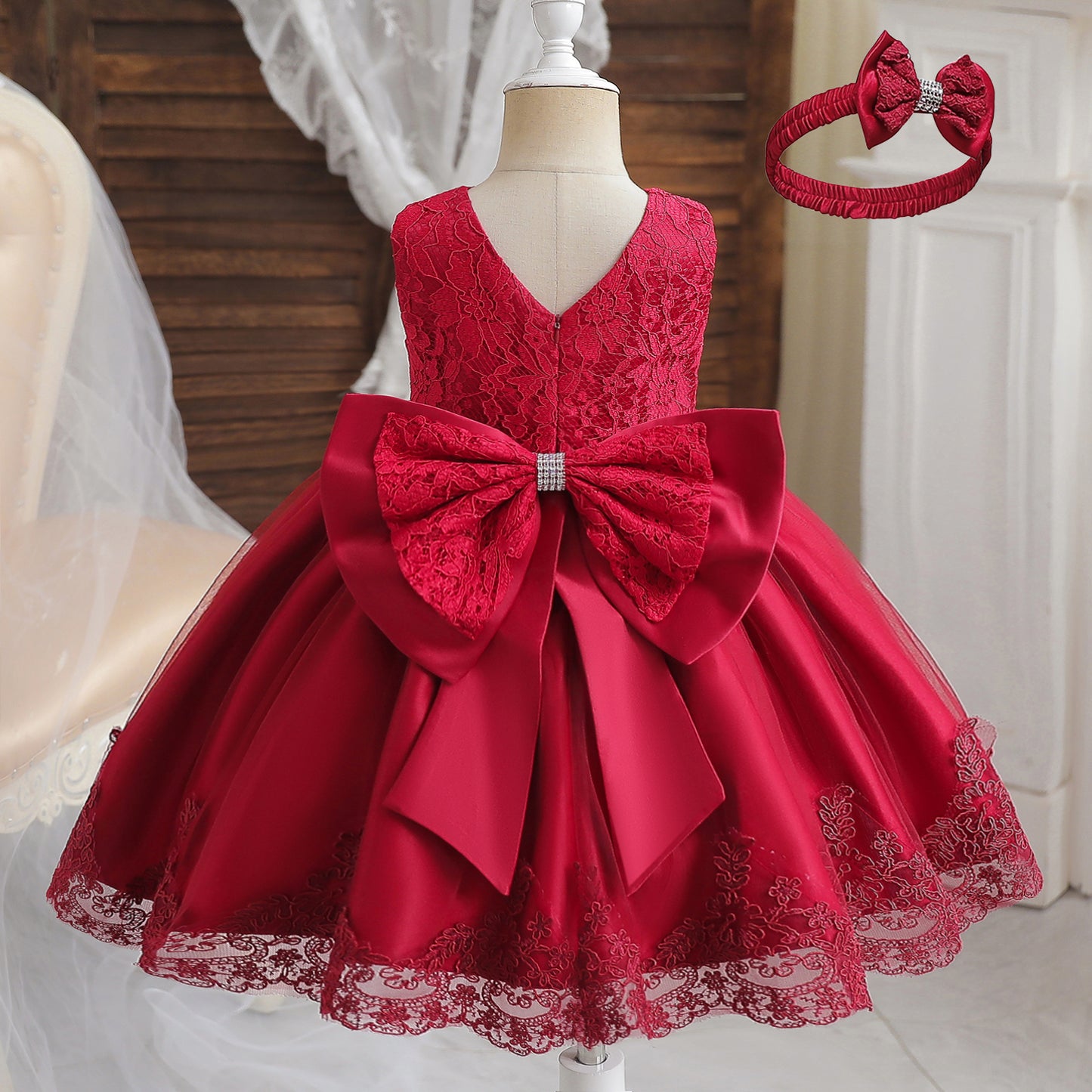 Girls Formal Wedding Party Dress for 1-5Y Infant Birthday Christening Lace Elegant Gown Christams Flower Dresses for Baby Girl