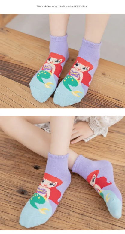 5 Paar Disney Cartoon Baby Mädchen Socken Schneewittchen Meerjungfrau Socken für Kinder Baumwollsocken Lustige süße Prinzessinnensocken 1-12 Jahre