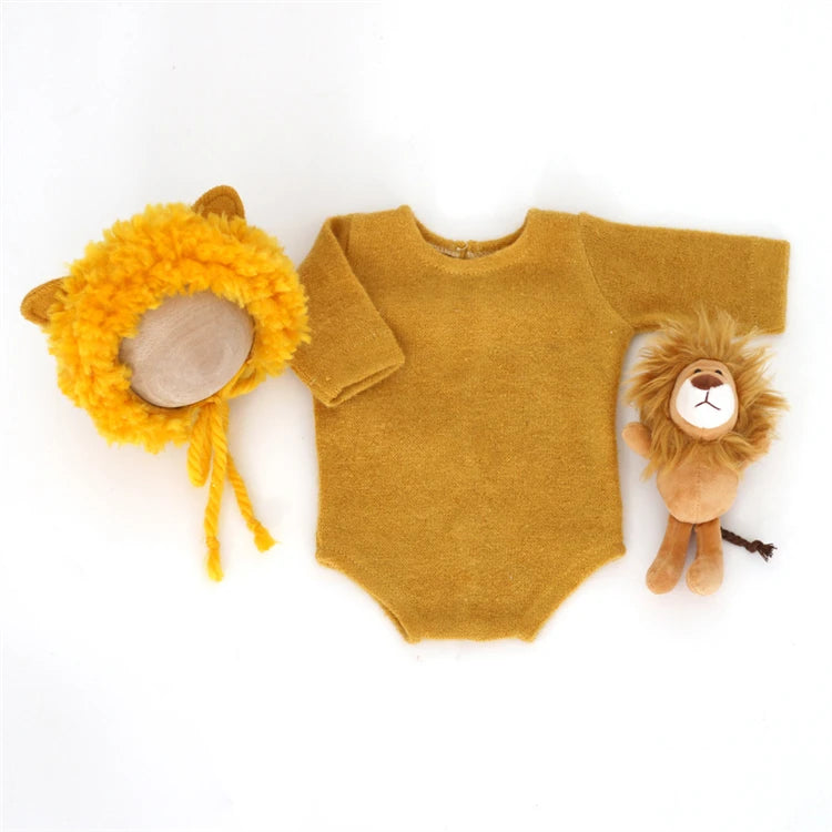 Newborn Photography Animal Costume Lion Doll Plush Hat Romper Tail 4pcs Outfits Boys Girls Infant Photo Shoot Prop Clothing