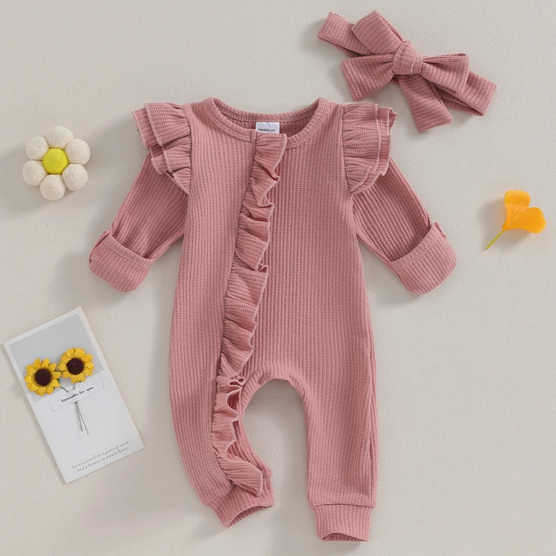 Newborn Infant Girls Solid Color Waffles Jumpsuits Baby Long Sleeve Ruffle Zipper Romper with Headband Sets Lace Baby Clothes