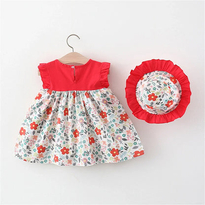 2Pcs Summer Girls' Baby Sleeveless Dress With Flower Print Splice Infant Dress Pastoral Style Girl Children'S Clothing+Gift Hat