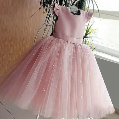 Süßes Baby Mädchen Kleid für Party Prinzessin Perlen Mesh Kleider für Kinder Geburtstag Ball Kostüme für Blumenmädchen 1-5Y Säuglingskleidung