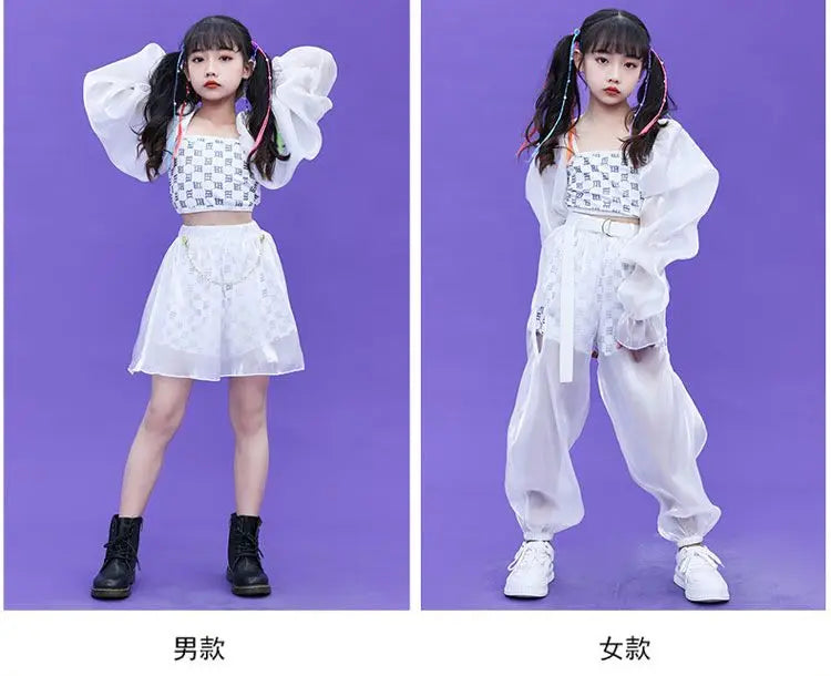 Kpop Mädchen Kleidung Jazz Dance Kostüm Weiß Leistung Anzug Hip Hop Modern Dance Outfit Kinder Bühne Tragen Mode Kleidung