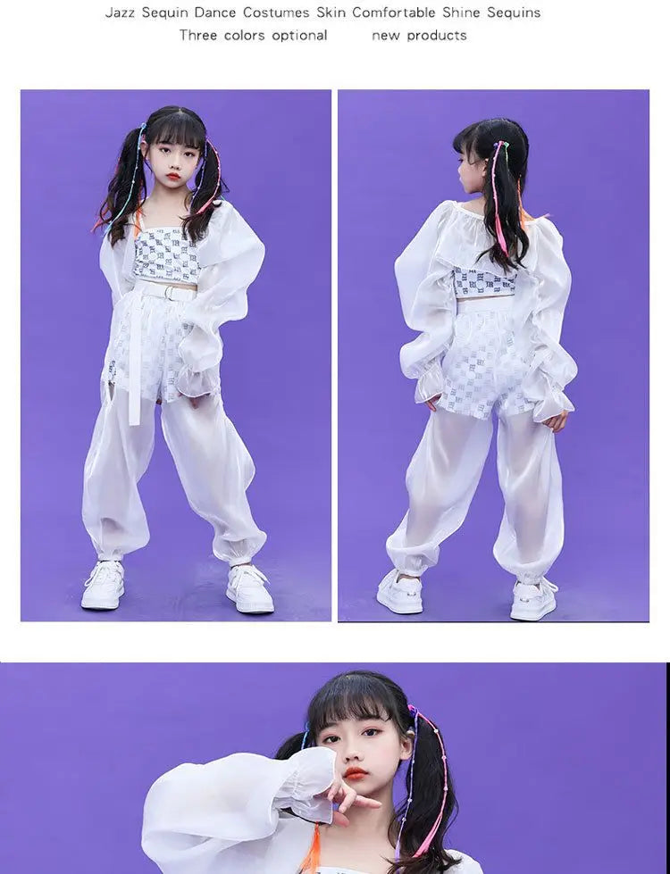 Kpop Mädchen Kleidung Jazz Dance Kostüm Weiß Leistung Anzug Hip Hop Modern Dance Outfit Kinder Bühne Tragen Mode Kleidung