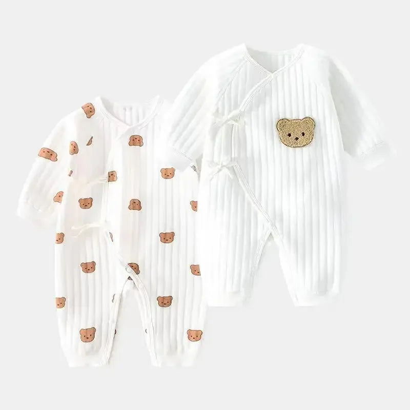 Baby-Overall mit Bärenmotiv und Mütze, Kleinkinder-Spielanzug aus Baumwolle für Jungen und Mädchen, langärmeliger Baby-Onesies, weicher, atmungsaktiver einteiliger Schlafanzug