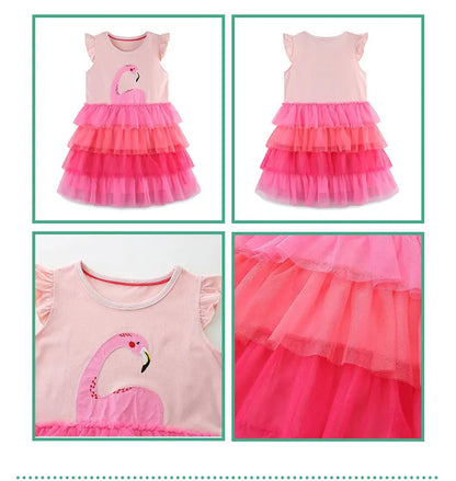 2024 Summer Girls Puff Sleeve Mesh Skirt Dress - Animal Cartoon Puffy Princess Cake Dress