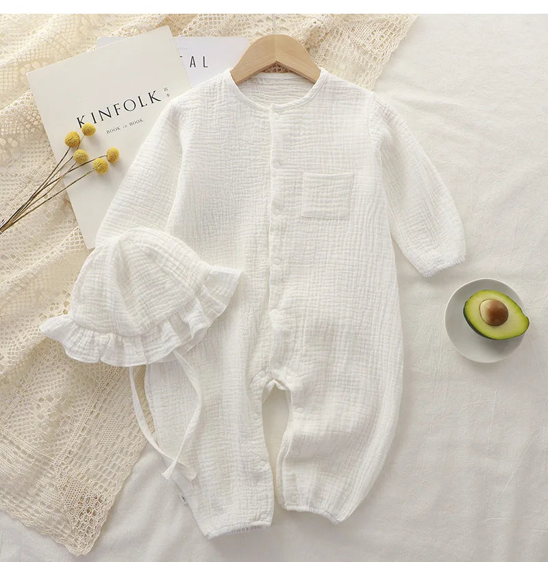 Muslin Baby Jumpsuit Hat Long Sleeve Cotton Toddler Romper for Boys Girls Solid Color Spring Autumn Baby Clothes Newborn Onesie