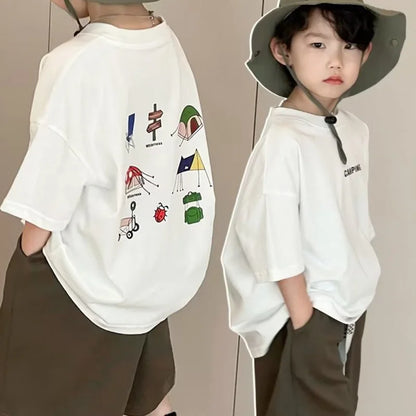 Sommer-T-Shirts für Kinder, Zeichentrickfiguren, Jungen und Mädchen, lockere Rundhalsausschnitte, kurze Ärmel, amerikanische High-Street-Oberteile