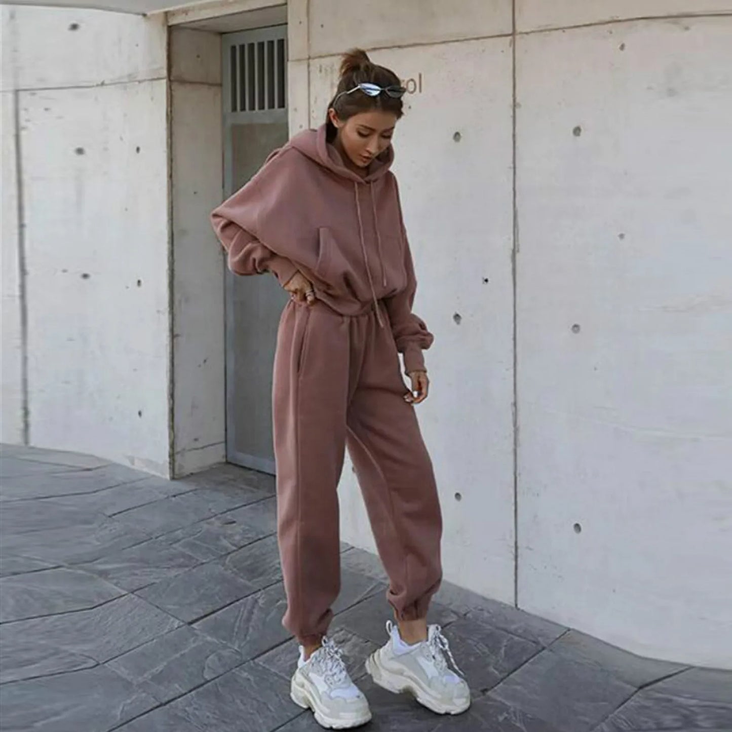 Women's Casual Solid Color Long Sleeved Hoodie Trousers Sweatershirt Sports Suit