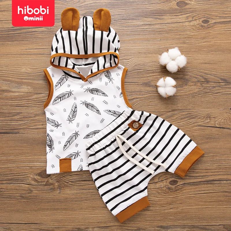 hibobi 2-teiliger Baby-Boby-Anzug mit Federn, ärmelloses T-Shirt mit Kapuze und gestreiften Shorts, lässiger ärmelloser Baby-Jungen-Anzug für 0-12 Monate