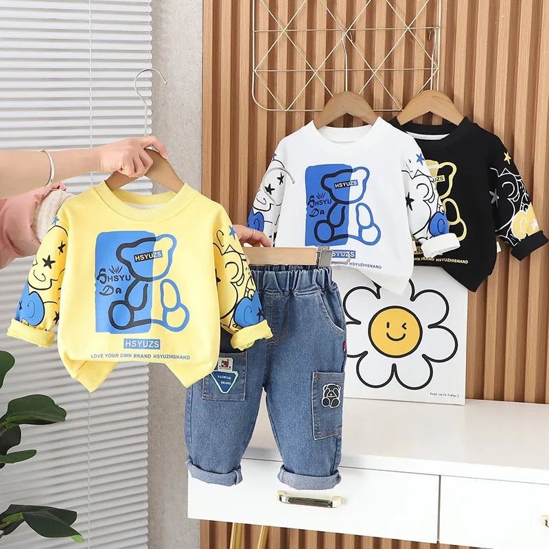 2024 Spring Baby Boy Outfit Set - Cartoon O-Neck Pullover Long Sleeve T-Shirt and Pants (1-5 Years)