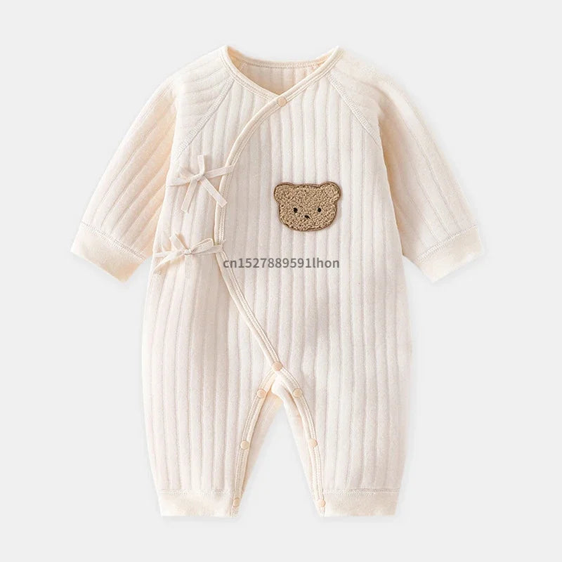 Baby-Overall mit Bärenmotiv und Mütze, Kleinkinder-Spielanzug aus Baumwolle für Jungen und Mädchen, langärmeliger Baby-Onesies, weicher, atmungsaktiver einteiliger Schlafanzug