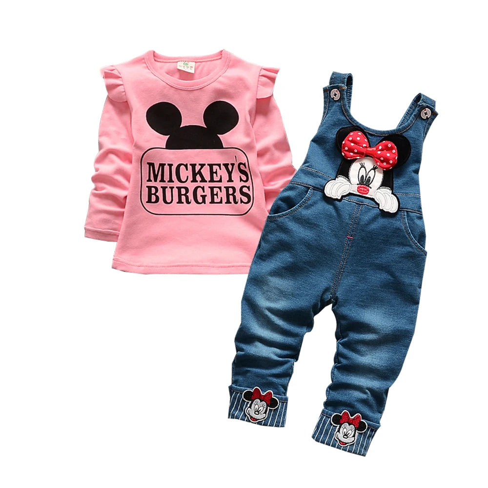 Disney Full Printhed Minnie Mouse Hoodie 2PCS Set for Kids Girl Autumn Long Hooded Pullover Set Children Casual Clothing Outfits