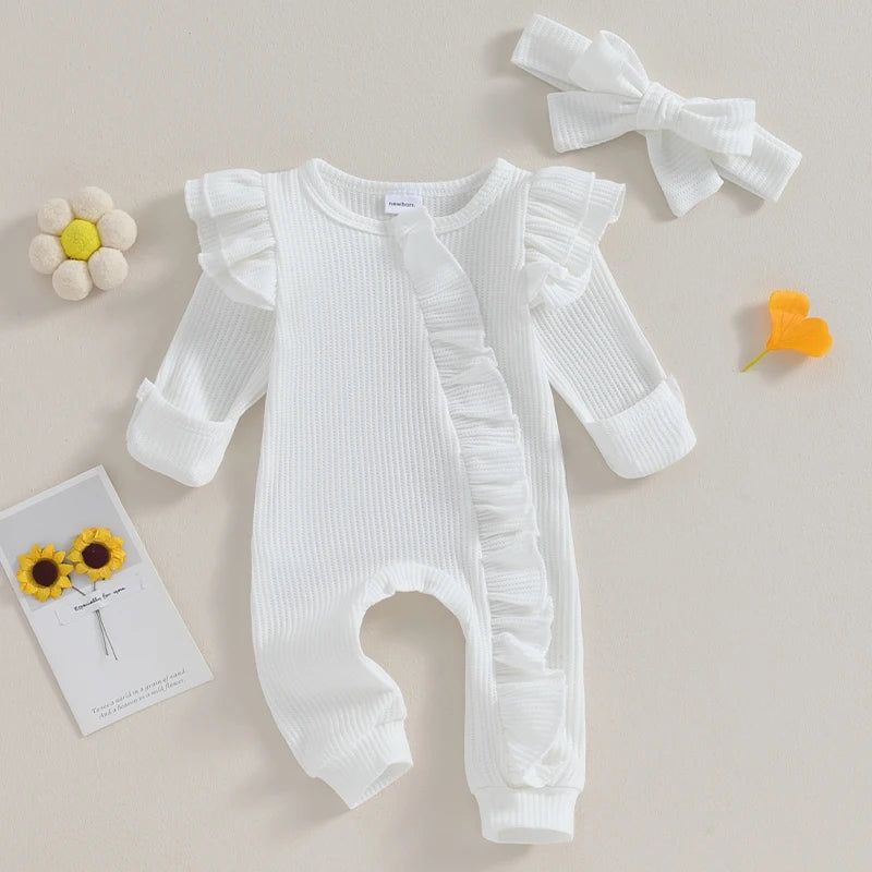 Newborn Infant Girls Solid Color Waffles Jumpsuits Baby Long Sleeve Ruffle Zipper Romper with Headband Sets Lace Baby Clothes