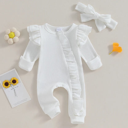 Neugeborenen Mädchen Einfarbig Waffeln Overalls Baby Langarm Rüschen Zipper Strampler mit Stirnband Sets Spitze Baby Kleidung