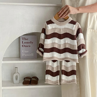 Spring And Autumn Baby Clothing For Girls Fashionable And Versatile Wave Contrasting Striped Knitted Top+Loose Pants Set