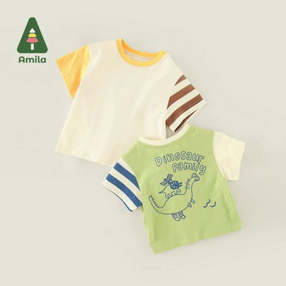 Amila Fashion T-shirt for a Boy 2023 Summer New Dinosaur Print Baby Tee 100% Cotton Baby Clothes Boy Brand Baby's Tops Kids 0-6Y