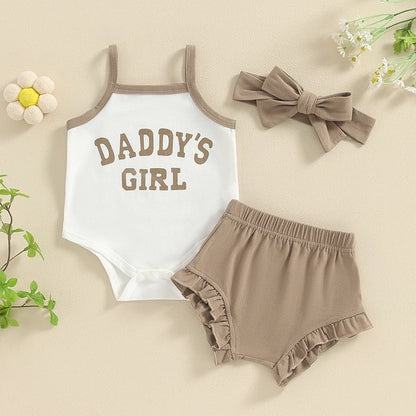 Neugeborenen-Set, Babykleidung für Mädchen, Sommer-Outfits mit Buchstaben-Aufdruck, Spaghettiträger, ärmellos, einfarbig, Shorts, Stirnband, 3-tlg.