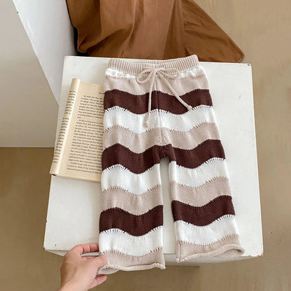 Spring And Autumn Baby Clothing For Girls Fashionable And Versatile Wave Contrasting Striped Knitted Top+Loose Pants Set