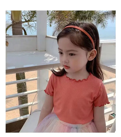 Baby Girls Short Sleeved T-Shirt 2024 Summer Kids Top Tees Baby Solid Color Shirts 1 To 8 Yrs Children's Clothing Korean Style