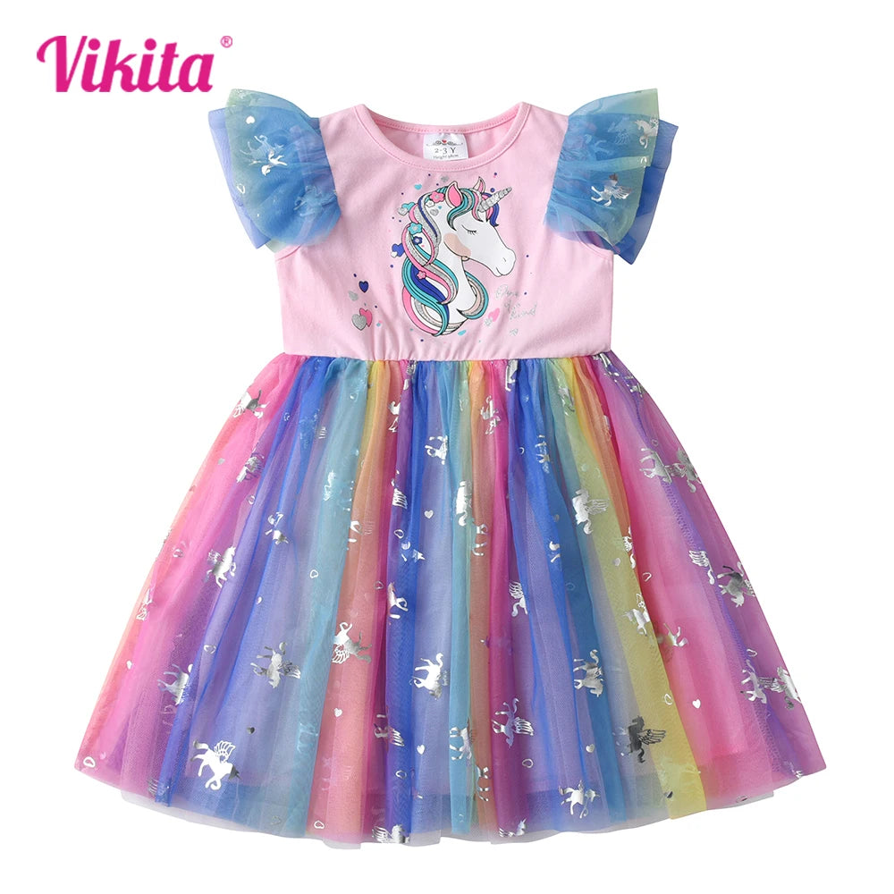 VIKITA Girls Unicorn Cartoon Print Dress Kids Flare Sleeve Summer Dresses Girl Colorful Mesh Tulle Birthday Party Princess Dress