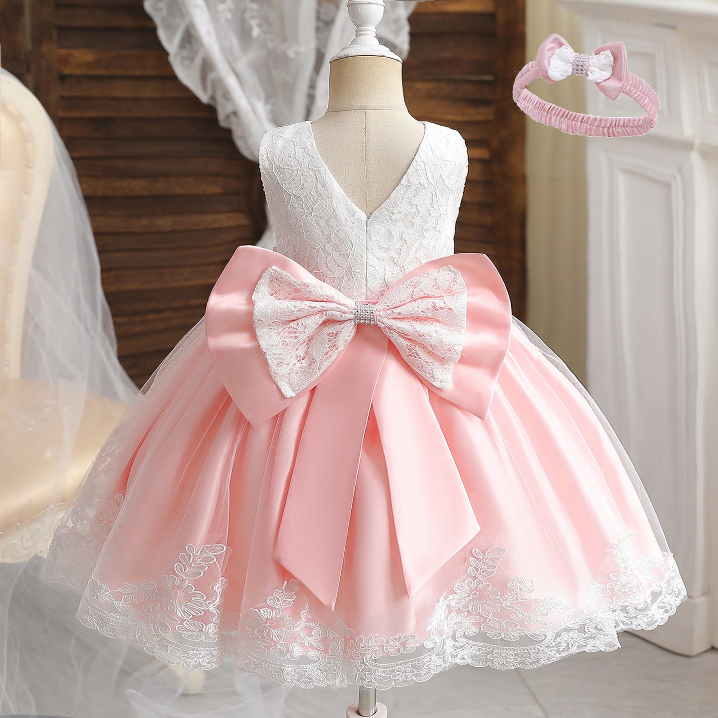 Girls Formal Wedding Party Dress for 1-5Y Infant Birthday Christening Lace Elegant Gown Christams Flower Dresses for Baby Girl