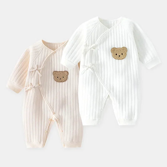 Baby-Overall mit Bärenmotiv und Mütze, Kleinkinder-Spielanzug aus Baumwolle für Jungen und Mädchen, langärmeliger Baby-Onesies, weicher, atmungsaktiver einteiliger Schlafanzug