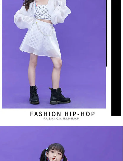 Kpop Mädchen Kleidung Jazz Dance Kostüm Weiß Leistung Anzug Hip Hop Modern Dance Outfit Kinder Bühne Tragen Mode Kleidung