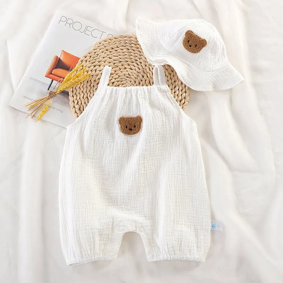 Baby-Overall für Neugeborene, Sommer, lässiger Einteiler für Jungen und Mädchen, Bären-Schlafanzug, Säuglingsgeburtstag, Musselin, Einteiler, weiß, beige, Strampler mit Mütze