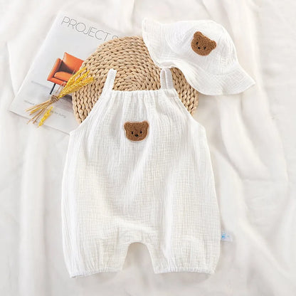 Baby-Overall für Neugeborene, Sommer, lässiger Einteiler für Jungen und Mädchen, Bären-Schlafanzug, Säuglingsgeburtstag, Musselin, Einteiler, weiß, beige, Strampler mit Mütze