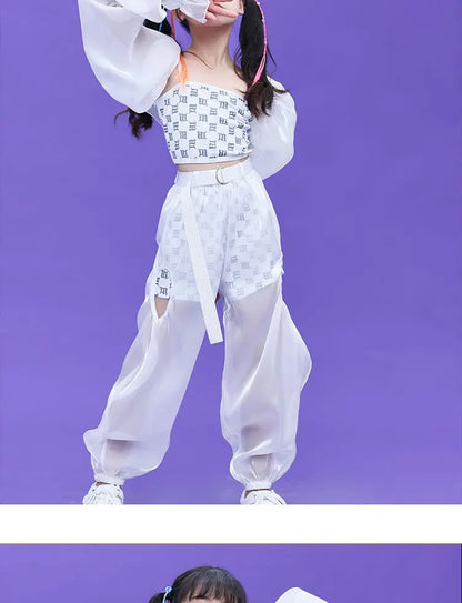 Kpop Mädchen Kleidung Jazz Dance Kostüm Weiß Leistung Anzug Hip Hop Modern Dance Outfit Kinder Bühne Tragen Mode Kleidung