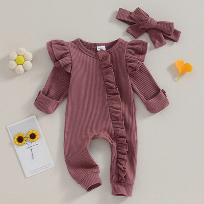 Newborn Infant Girls Solid Color Waffles Jumpsuits Baby Long Sleeve Ruffle Zipper Romper with Headband Sets Lace Baby Clothes