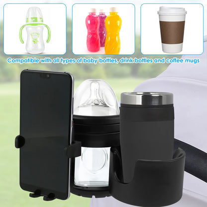 Stroller Cup Holder Universal Pushchair Water Bottle Stand 360° Rotating Phone Holder Double Hole Baby Cars Organizer Cup Rack