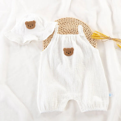 Baby-Overall für Neugeborene, Sommer, lässiger Einteiler für Jungen und Mädchen, Bären-Schlafanzug, Säuglingsgeburtstag, Musselin, Einteiler, weiß, beige, Strampler mit Mütze