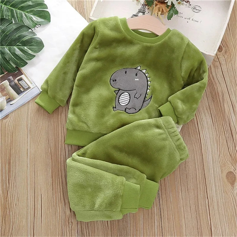 New 2024 Autumn Winter Kids Thicken Soft Flannel Pajamas Sets Baby Boys Girls Cartoon O-neck Pullover Warm Sleeping Sets Pyjamas