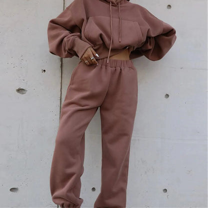 Women's Casual Solid Color Long Sleeved Hoodie Trousers Sweatershirt Sports Suit