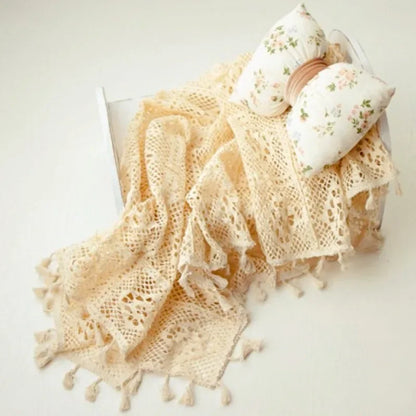 Newborn Photography Props Photography Mat Cotton Lace Blanket Fotografia Baby Photo Shoot Wrap Backdrop Beige Tassel Blanket