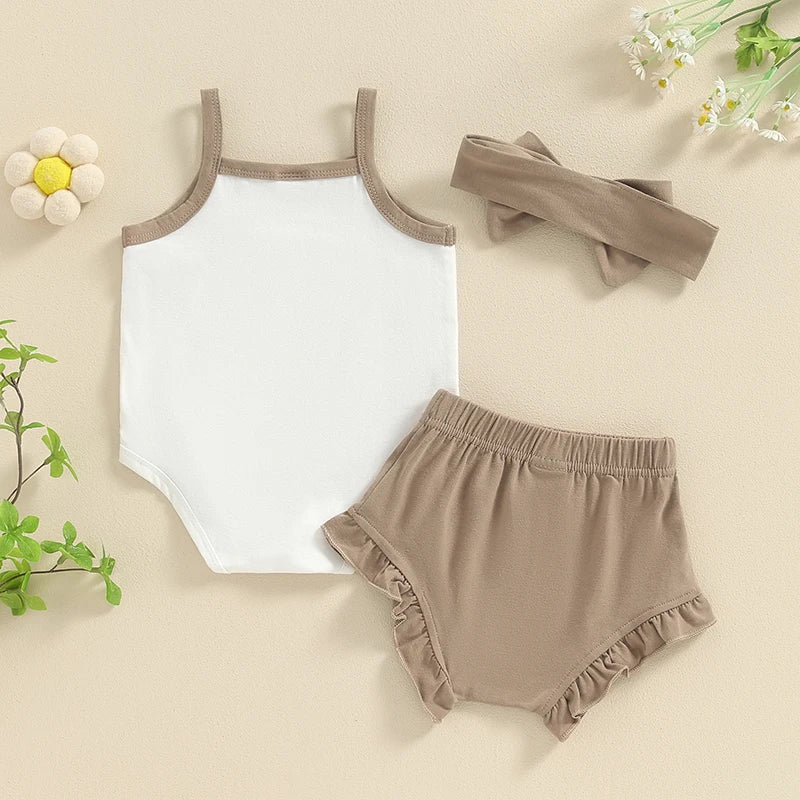 Neugeborenen-Set, Babykleidung für Mädchen, Sommer-Outfits mit Buchstaben-Aufdruck, Spaghettiträger, ärmellos, einfarbig, Shorts, Stirnband, 3-tlg.