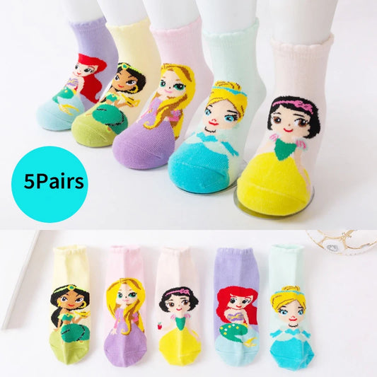 5 Paar Disney Cartoon Baby Mädchen Socken Schneewittchen Meerjungfrau Socken für Kinder Baumwollsocken Lustige süße Prinzessinnensocken 1-12 Jahre