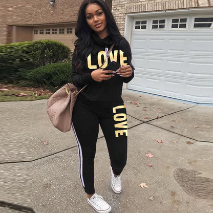 2 Piece Women’s LOVE Letter Print Tracksuit - High Neck Hoodie and Sweatpants Set