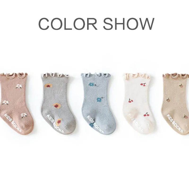 3 Pairs Anti-Slip Floral Print Kids Infant First Walking Baby Socks 0-5Y Four Seasons Elastic Children's Short Tube Socks