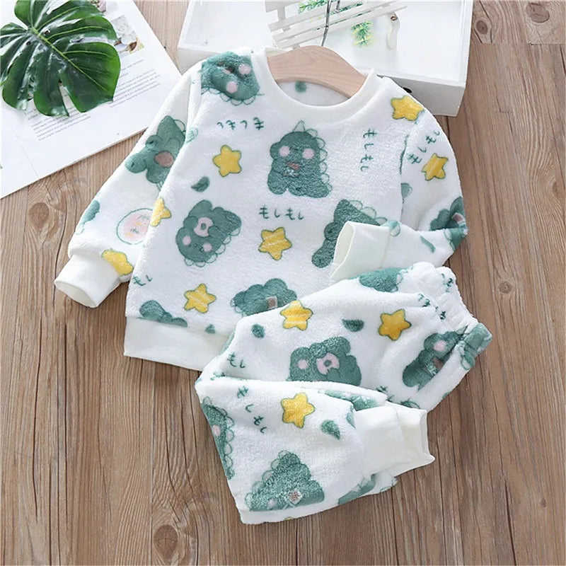 Neue 2024 Herbst Winter Kinder Verdicken Weich Flanell Pyjamas Sets Baby Jungen Mädchen Cartoon Oansatz Pullover Warme Schlaf Sets Pyjamas