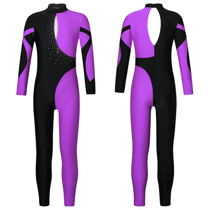 Kids Girls Long Sleeve Shiny Rhinestone Color Block Leotards Dance Gymnastic Jumpsuit for Yoga Unitards Biketards Sports Workout