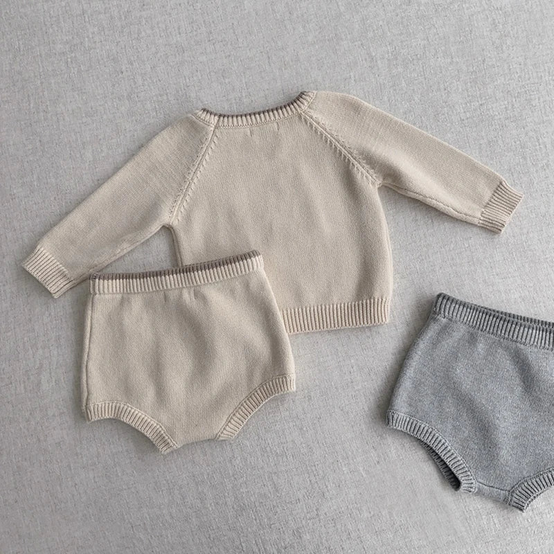 Korean Style Newborn Baby Boys Girls Clothing Set Long Sleeve Solid Color Knitted Pullover+Shorts Autumn Spring Clothes Suit