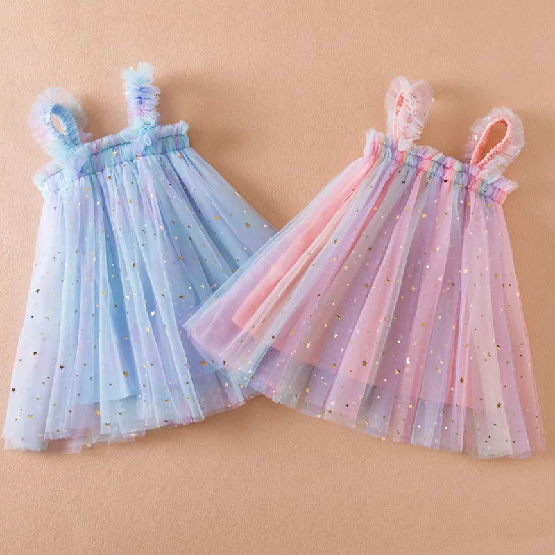 Süßes Mädchen Sommerkleid mit fliegenden Ärmeln und Schleife, Pailletten, 2–6 Jahre, Kindergeburtstagsparty, rosa, flauschiges A-Linien-Prinzessinnenkleid für süße kleine Mädchen